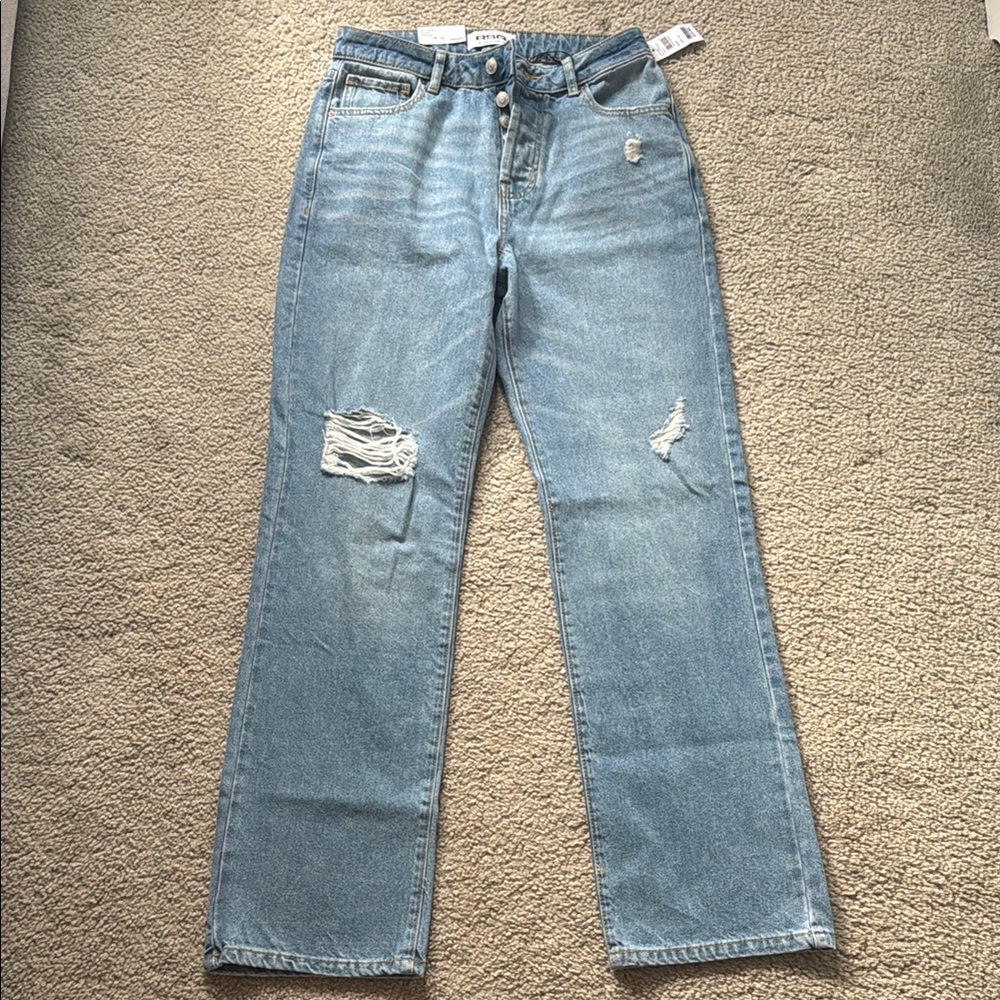 Tilly's Blue Straight Leg Jeans with Distressed Details